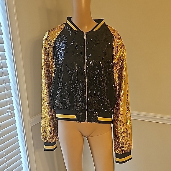 Daisy Jackets & Blazers - Sequin Bomber Jacket - Black and Gold